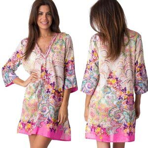 NWOT Yuka Beach Boho Floral Cover-Up Tunic Dress Sz.L Lace Up Neck Beaded Cabana